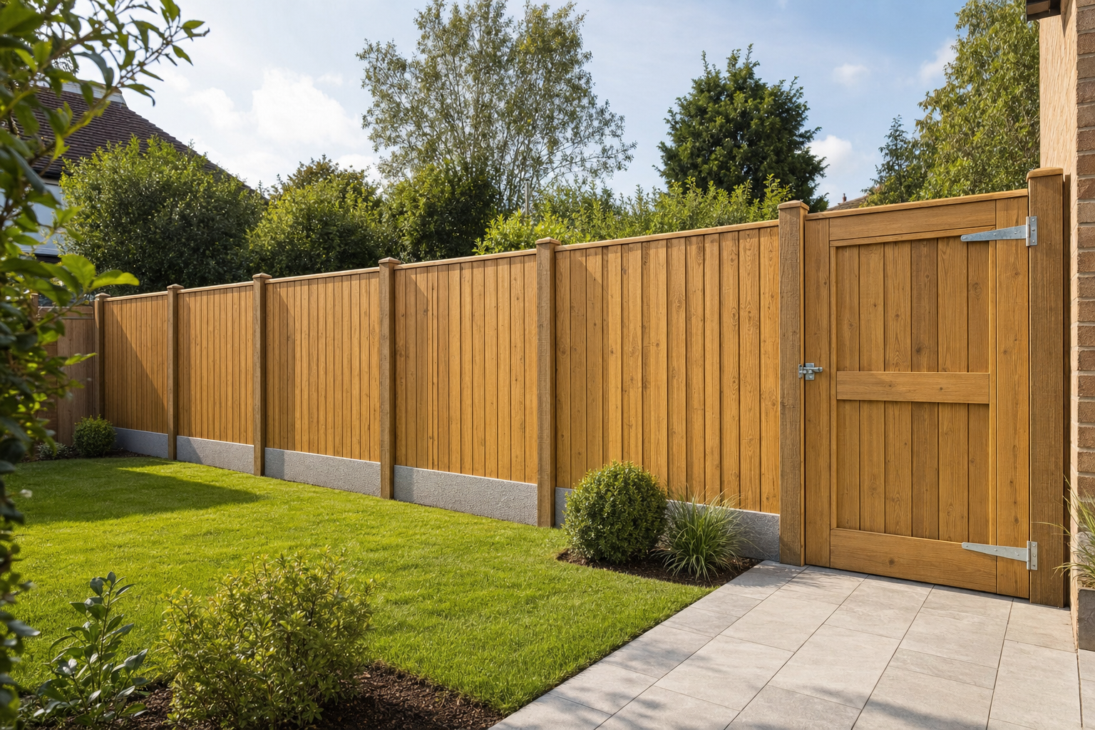 A wooden fence with a gate encloses a neatly landscaped garden with green grass and shrubs.