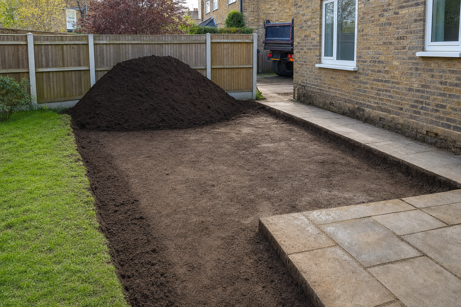 A neatly prepared garden bed with a large pile of soil beside a brick house and patio.