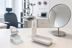 Contact lens and eye care items on a table in an optometrist's office.