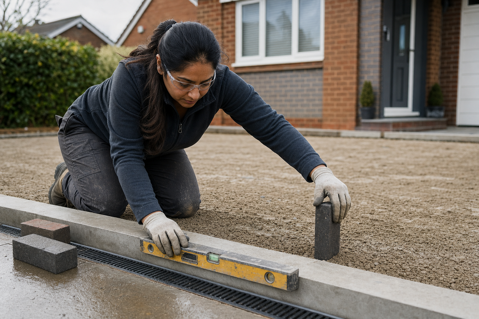 A woman uses a spirit level to align paving stones while working on a driveway construction project.