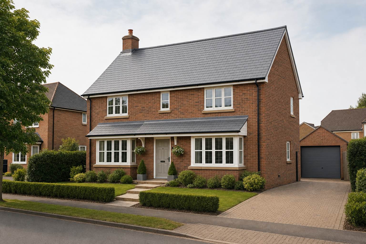 Two-storey red-brick house with a grey-tiled roof, neatly trimmed garden, and a detached garage.