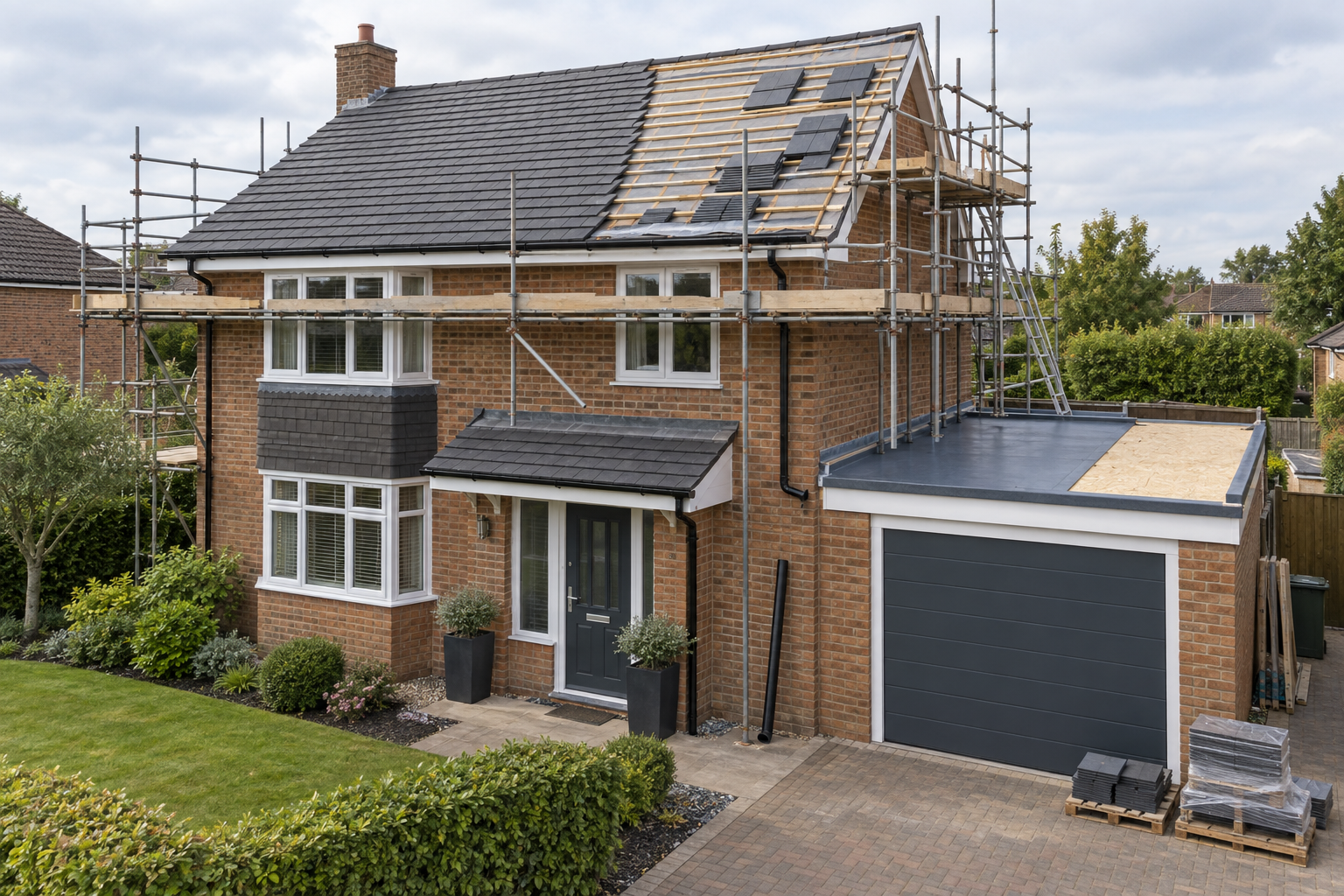 A brick house with scaffolding and partially completed roofing work on a sunny day.