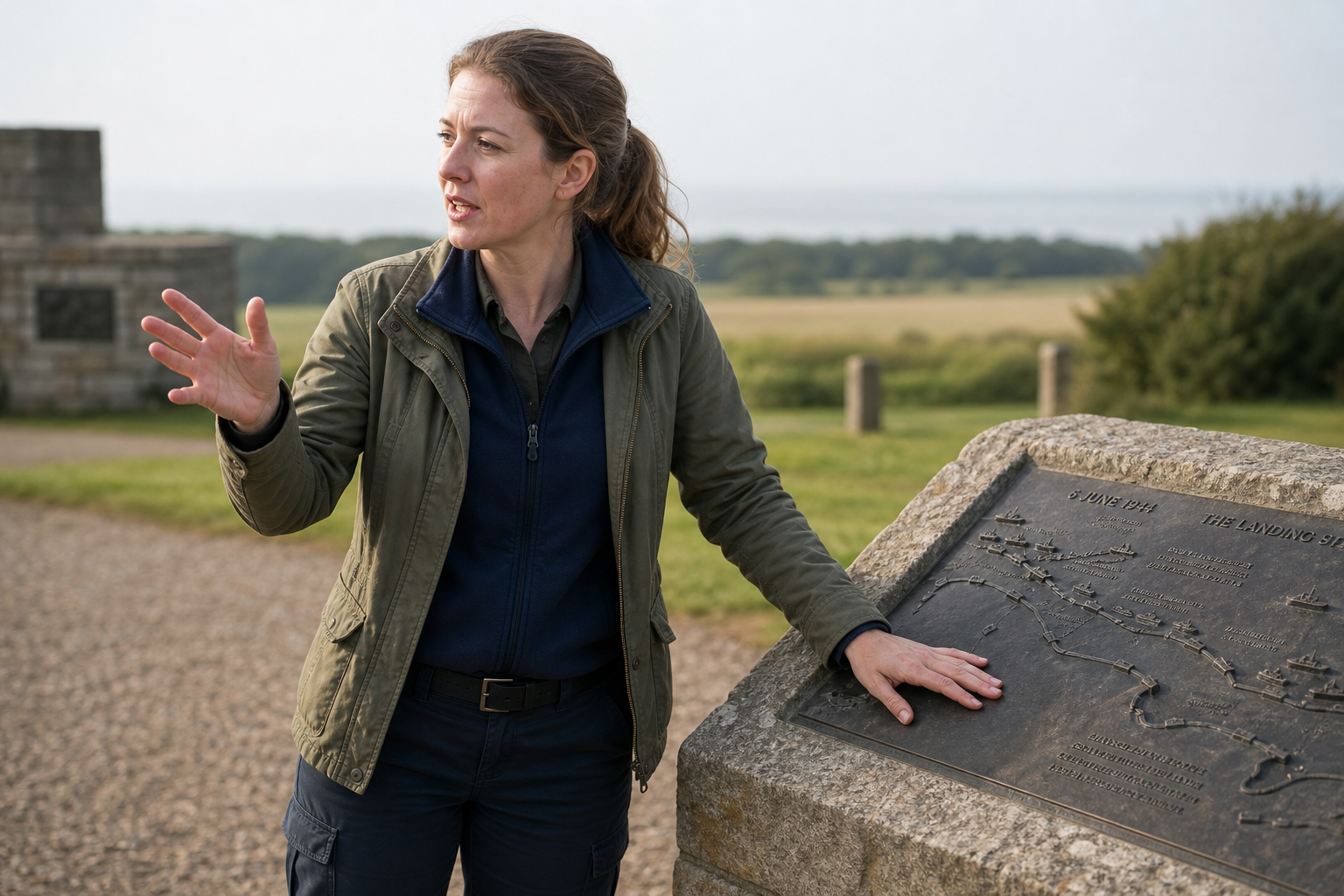 A woman gestures while explaining a historical map on a stone plaque at an outdoor site.