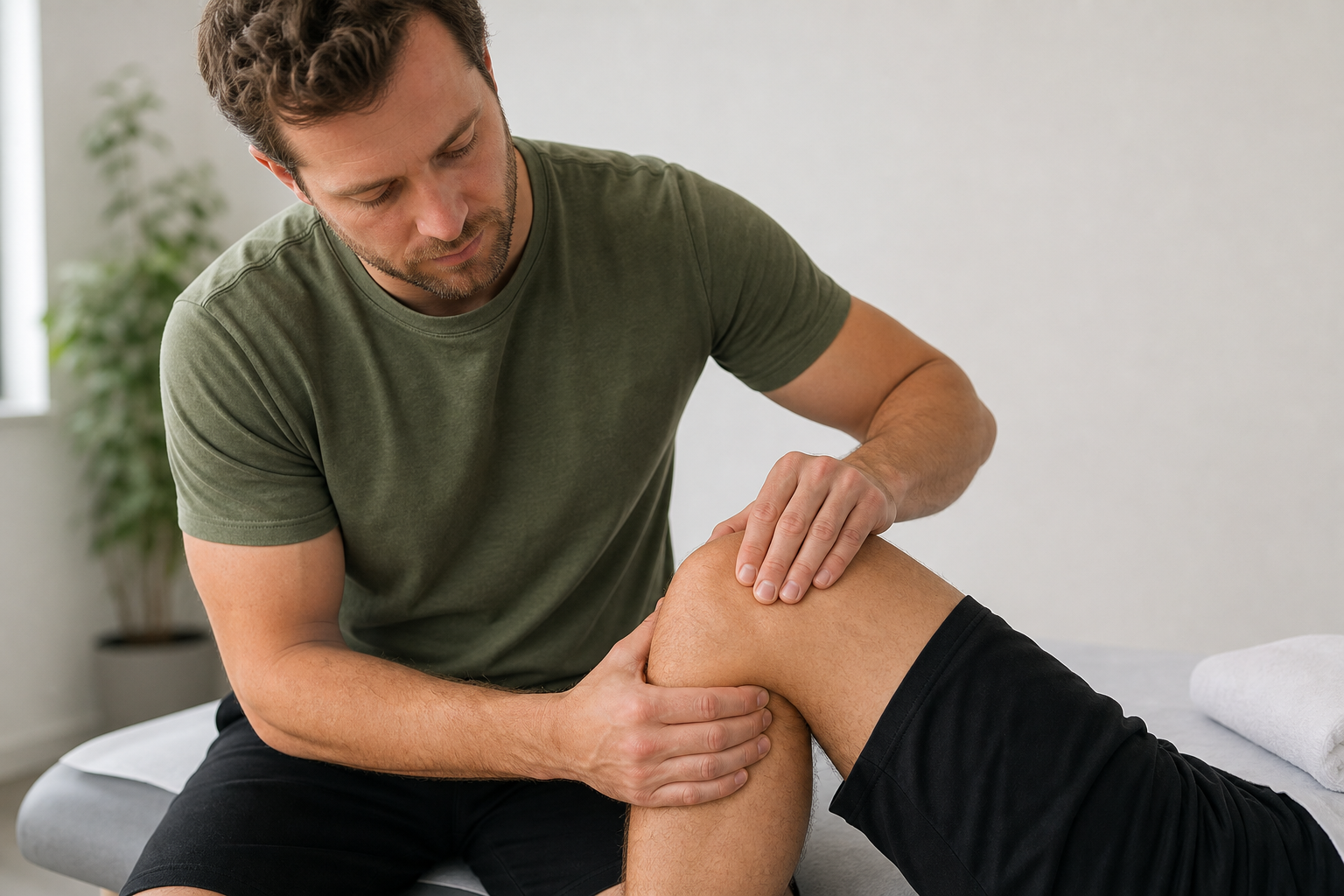 A therapist examines a patient's knee in a bright room with a potted plant in the background.