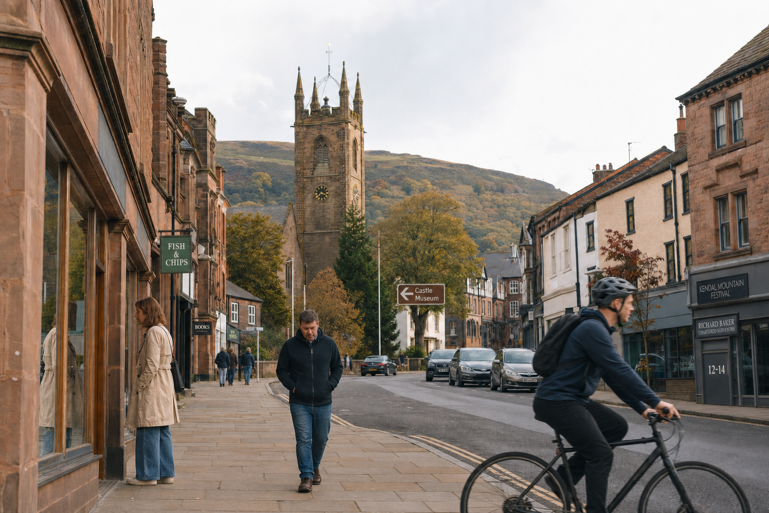 A cyclist and pedestrians pass by shops and a clock tower in a quaint British village with rolling hills in the background.