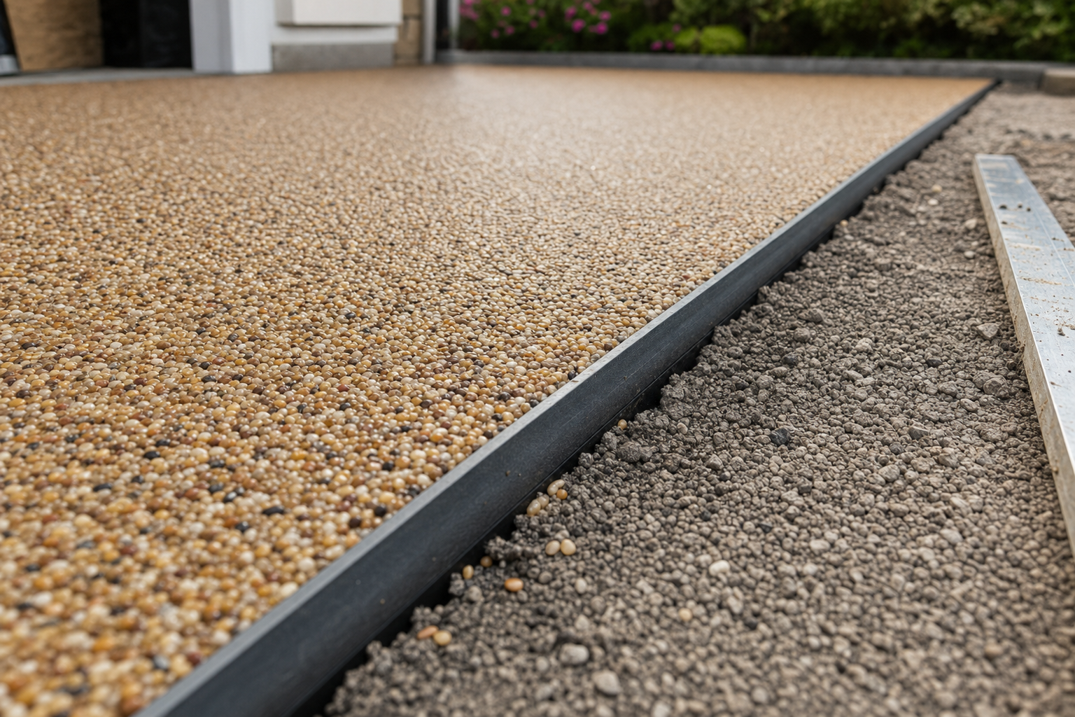 Close-up of a resin-bound gravel driveway under construction, with contrasting textures of smooth and loose stones.