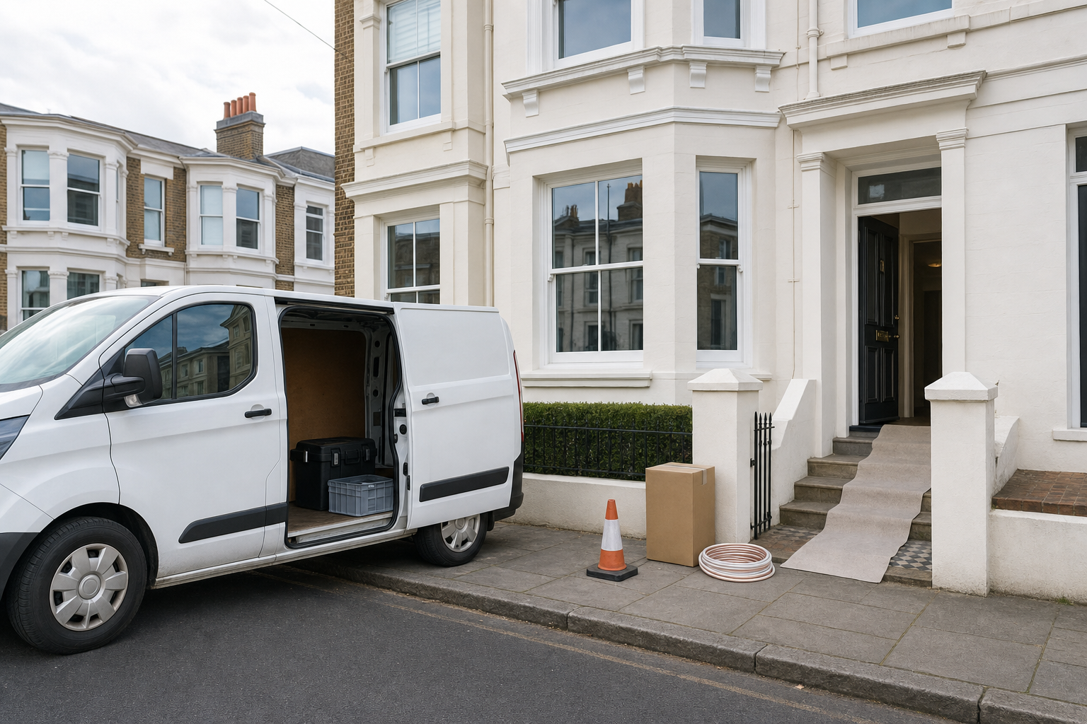 A white van parked outside a terraced house with moving equipment on the pavement.