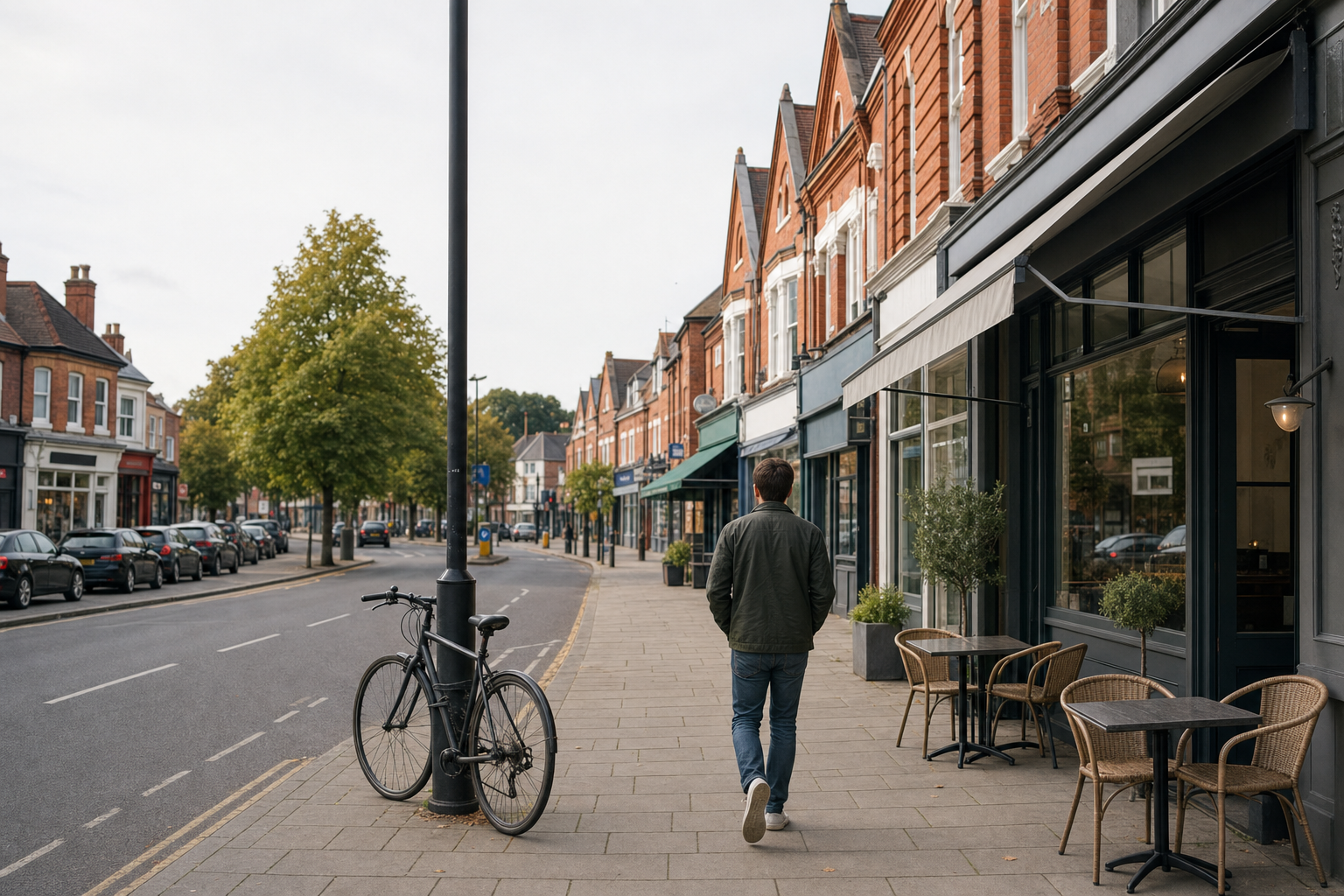 A man walks along a quaint street lined with brick buildings, small shops, and a bicycle locked to a lamppost.
