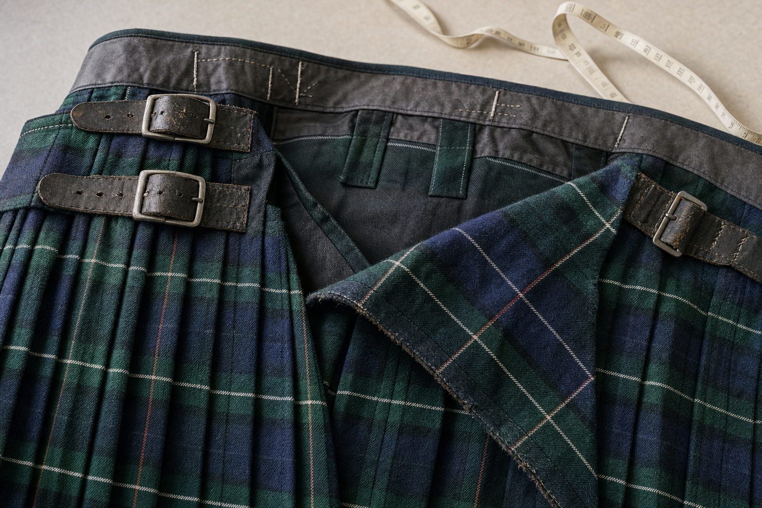 Tartan kilt with green and blue pattern, featuring leather buckles and a measuring tape in the background.