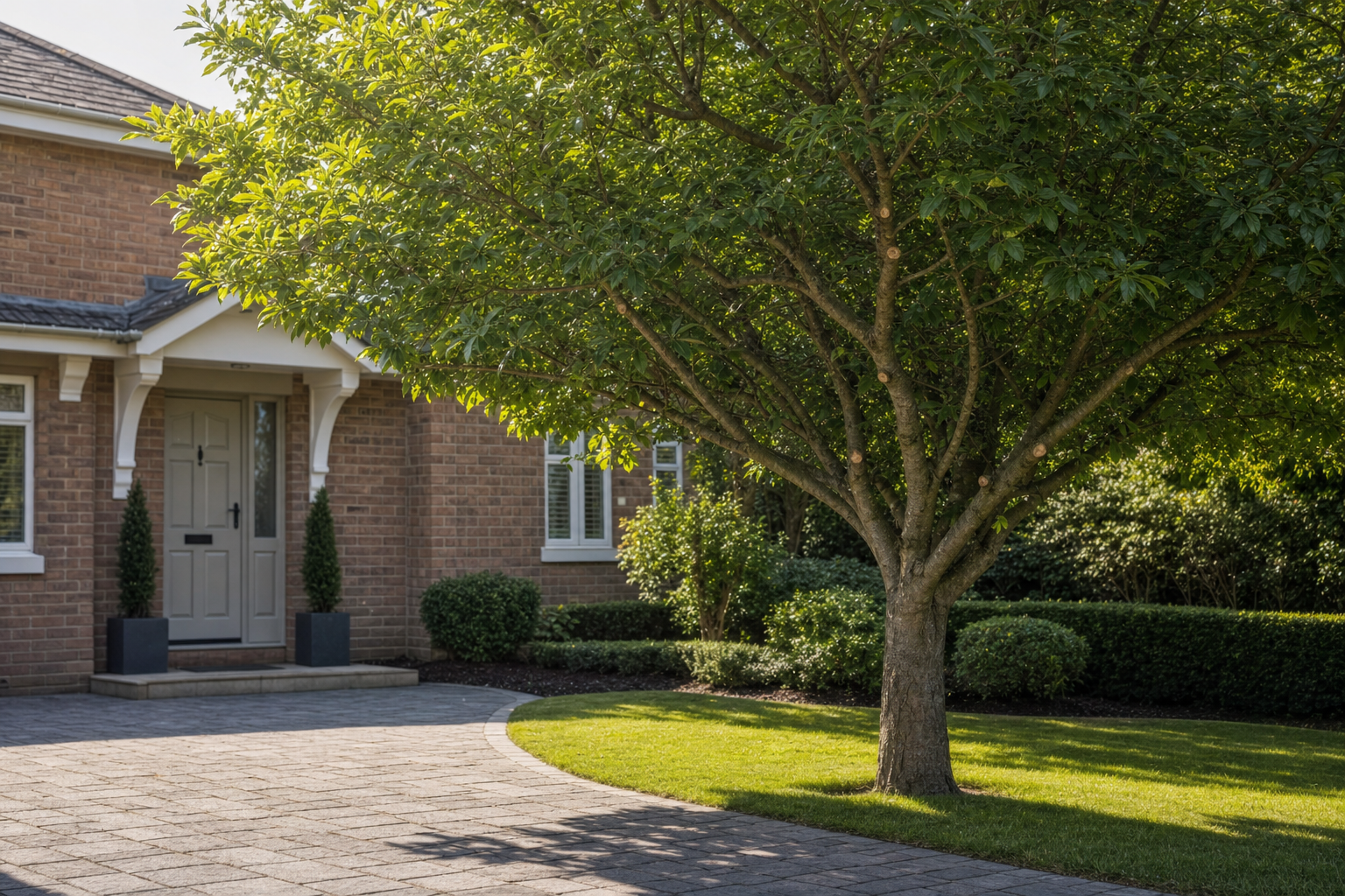 A tidy brick house with a neat garden and a large tree casting shade over a paved driveway.