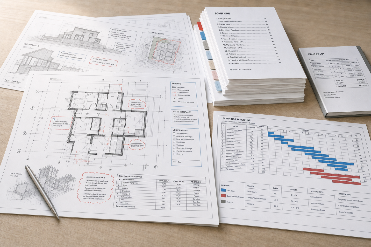 Architectural blueprints and planning documents displayed on a wooden table with a pen.