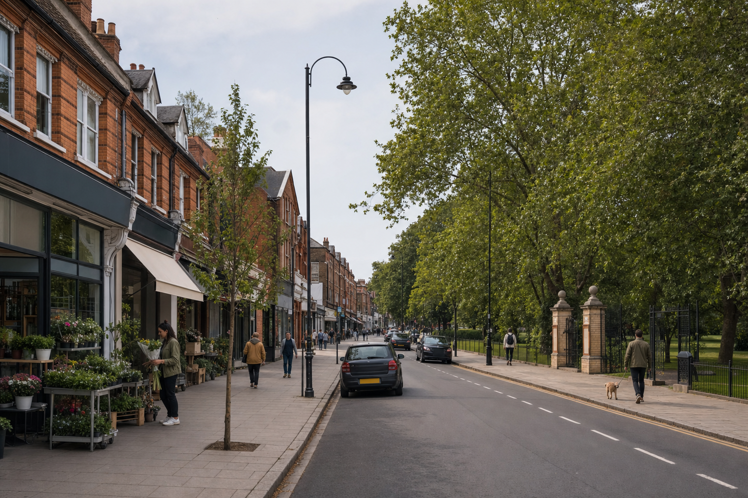 A bustling street scene with red-brick buildings, shops, pedestrians, cars, and large trees lining the road.