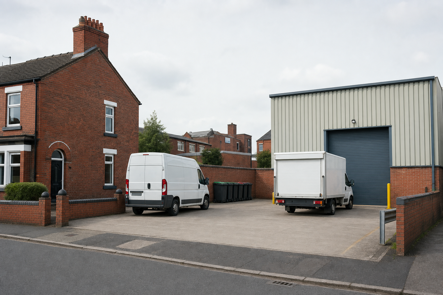 Two white vans parked outside a brick house and industrial building on a cloudy day.