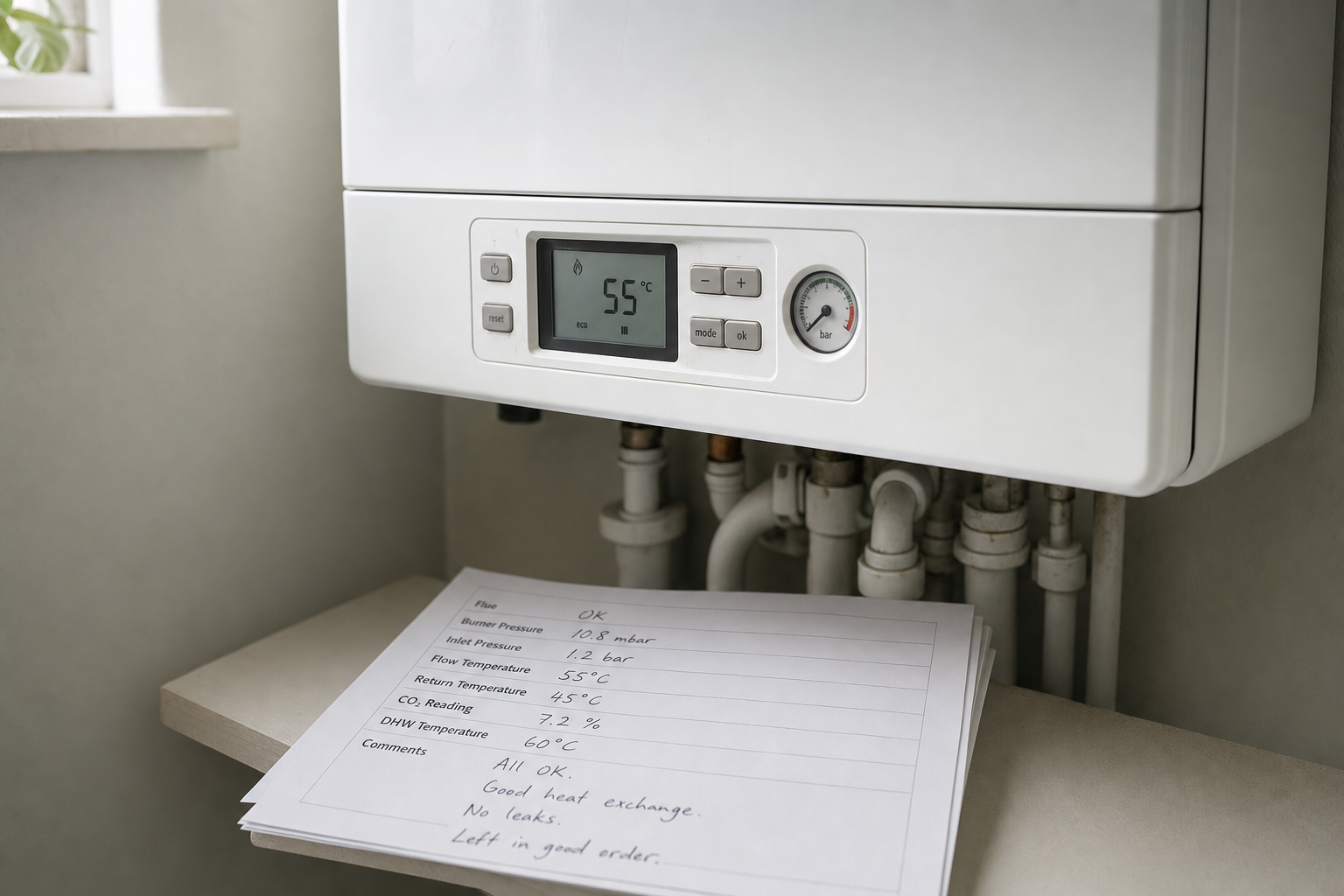 Gas boiler display showing 55°C with service report indicating all systems are functioning well on a nearby shelf.