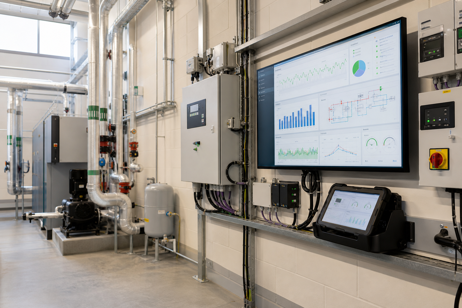 Modern industrial control room with monitors displaying data and equipment.