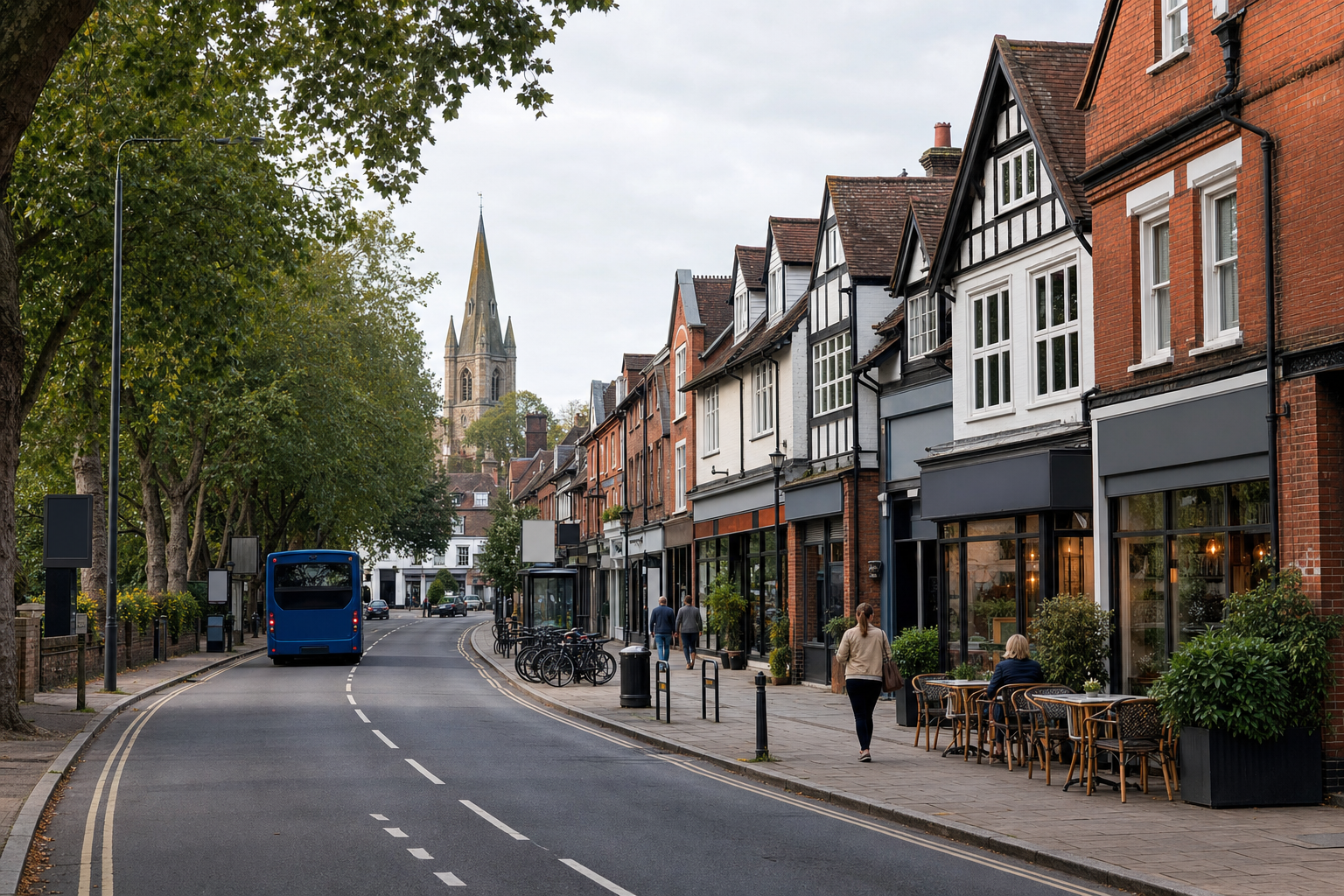 A quaint British high street with shops, a bus, and people, leading to a church with a tall spire in the background.