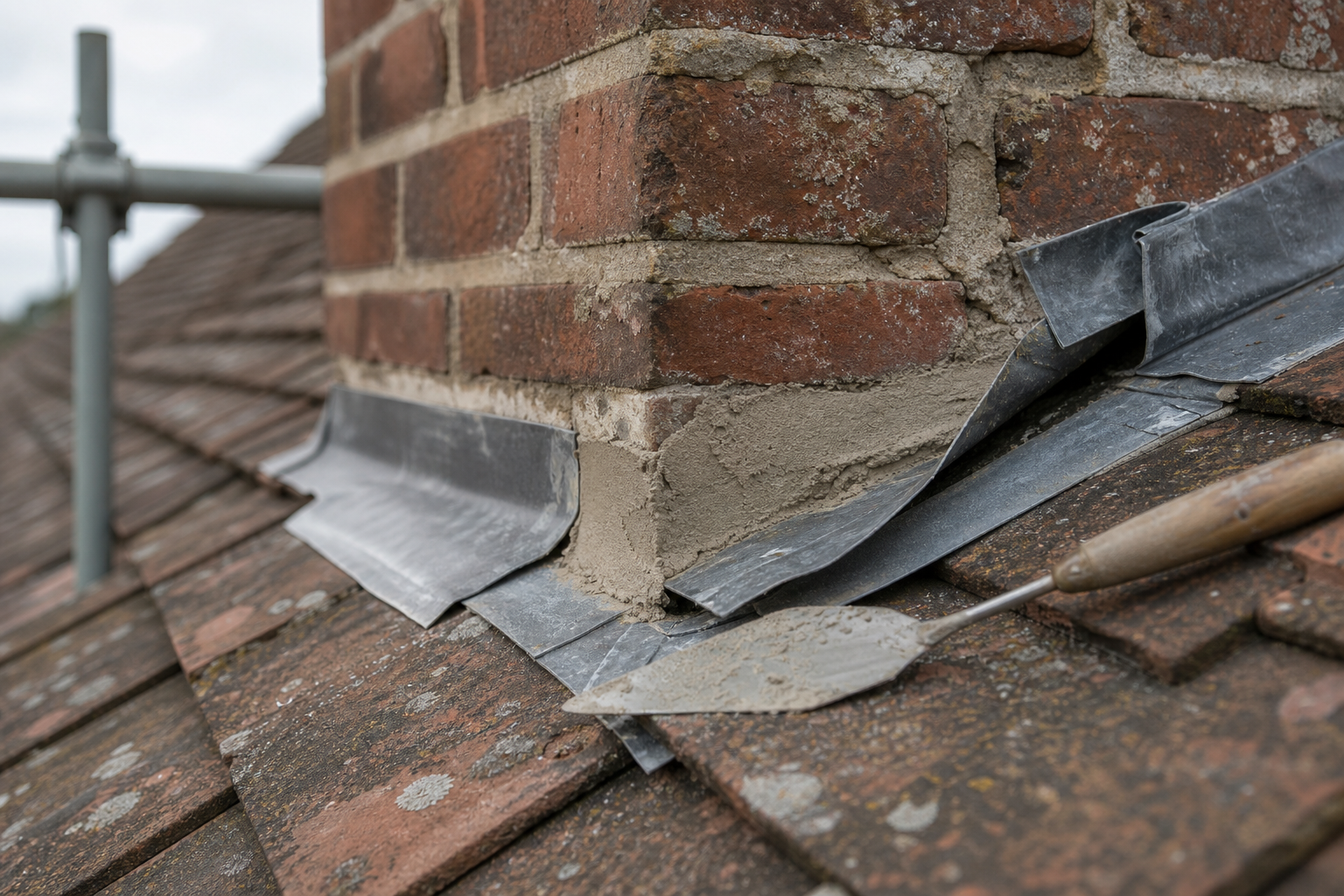 Brick chimney being repaired with new mortar and metal flashing on a tiled roof.