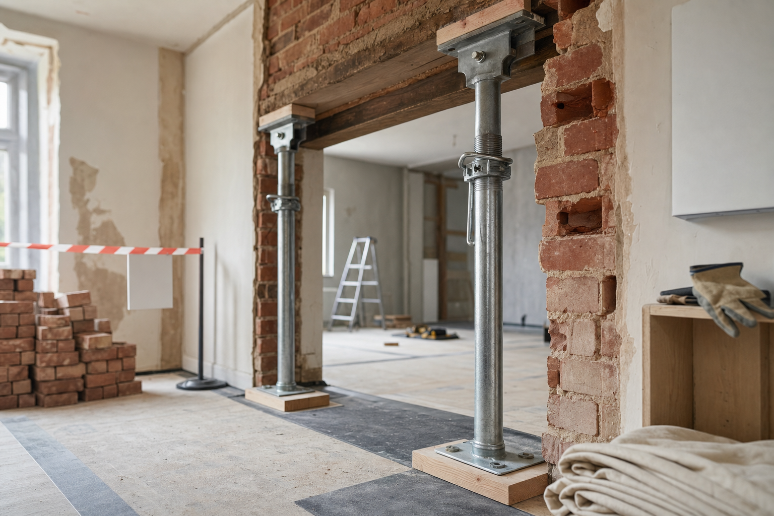 Building renovation site with metal supports, exposed brick walls, and construction materials scattered around.