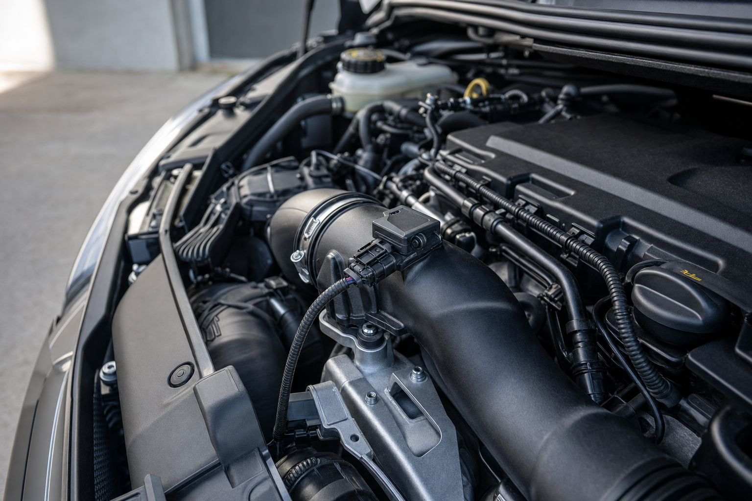 Close-up of a car engine compartment showcasing various components and wiring.