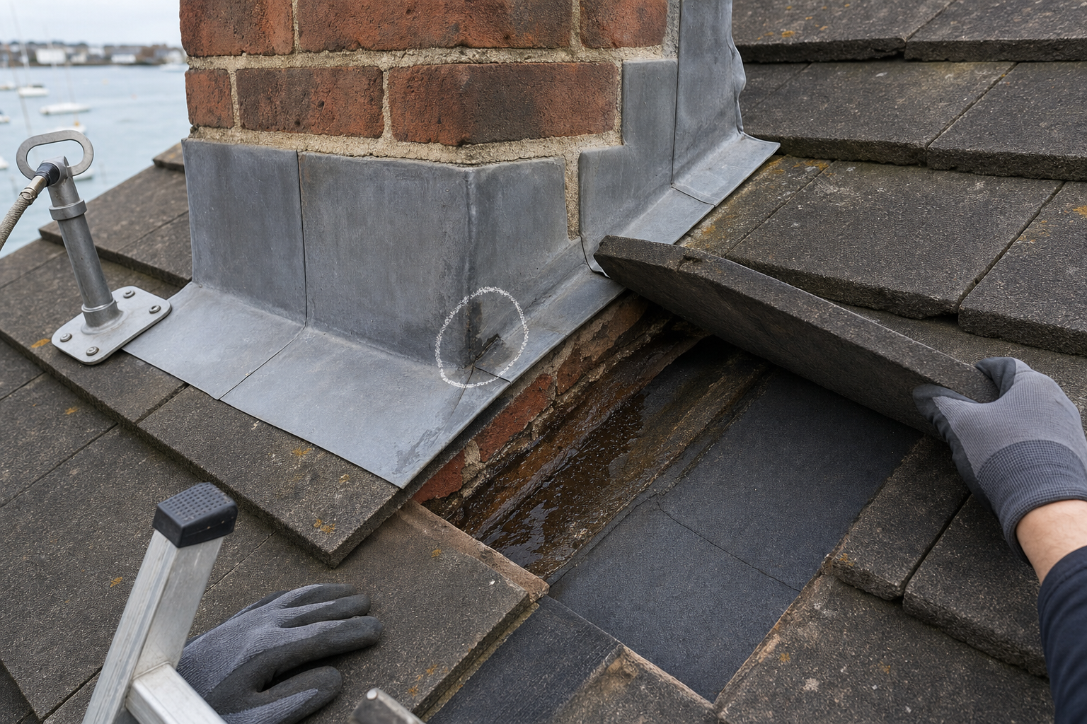 Gloved hands inspecting roof tiles near a chimney with visible water damage and marked leakage area.
