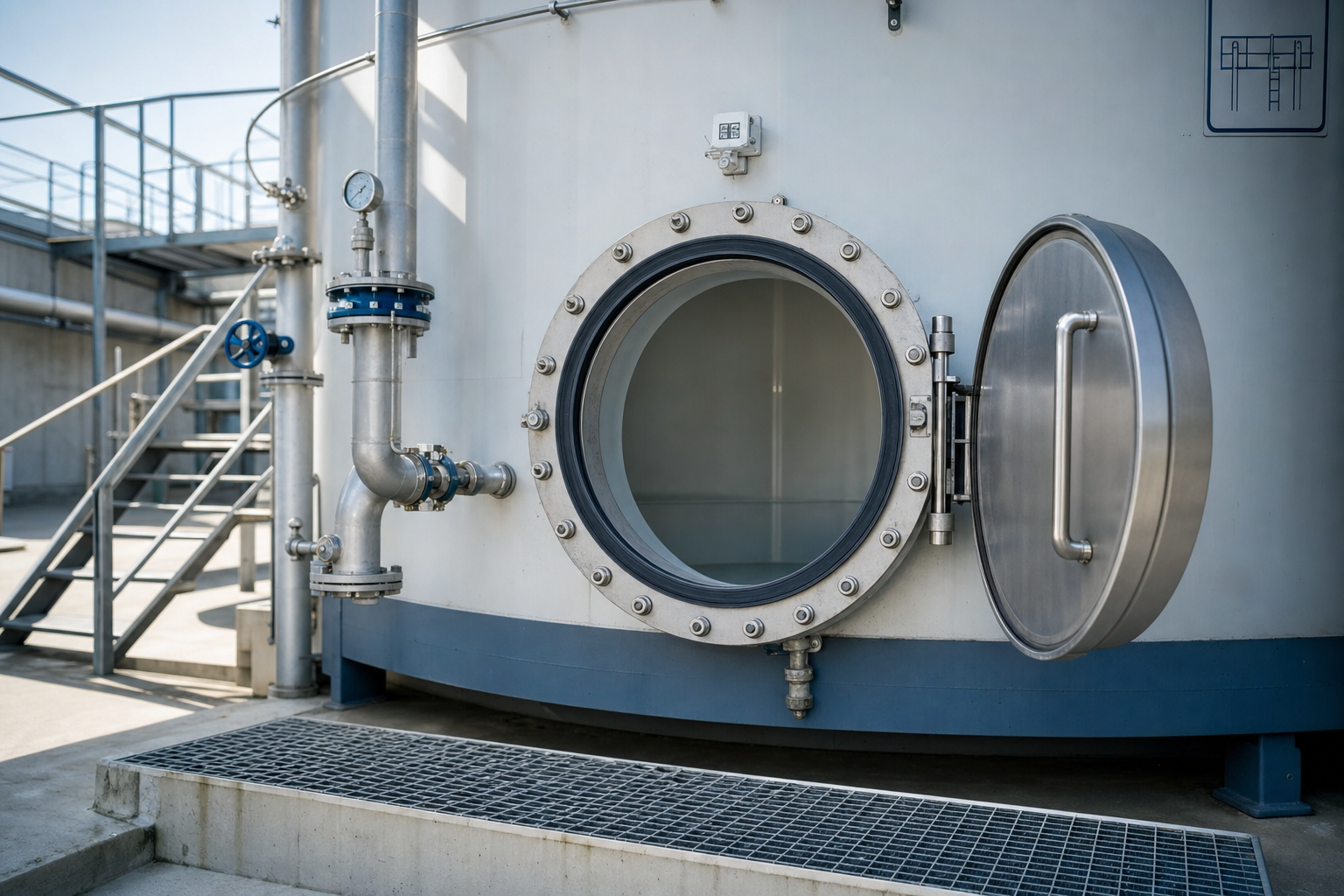 Large industrial container with an open circular hatch and metal pipes attached, located outdoors.