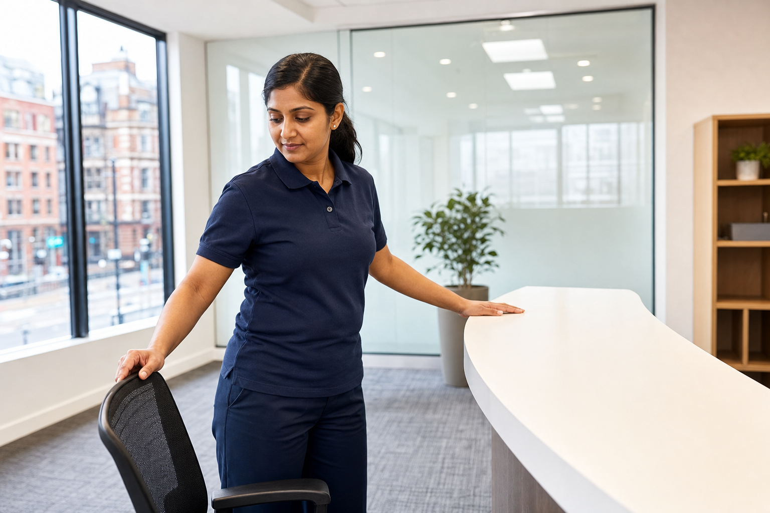 A woman in a navy uniform adjusts a chair in a modern office with large windows and city views.