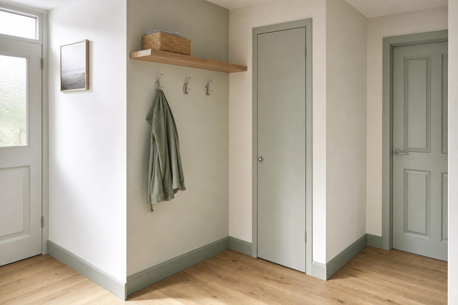 A minimalist hallway features a green door, wooden floor, coat hooks, and a shelf with a wicker basket.