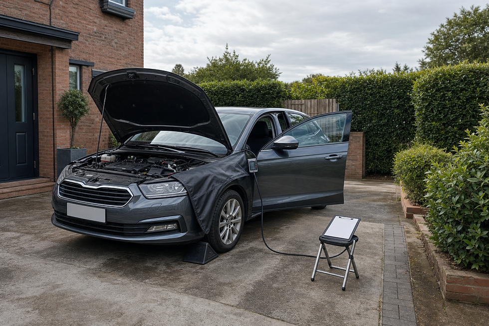 A car with an open bonnet and door is connected to a diagnostic tool on a stool in a driveway.