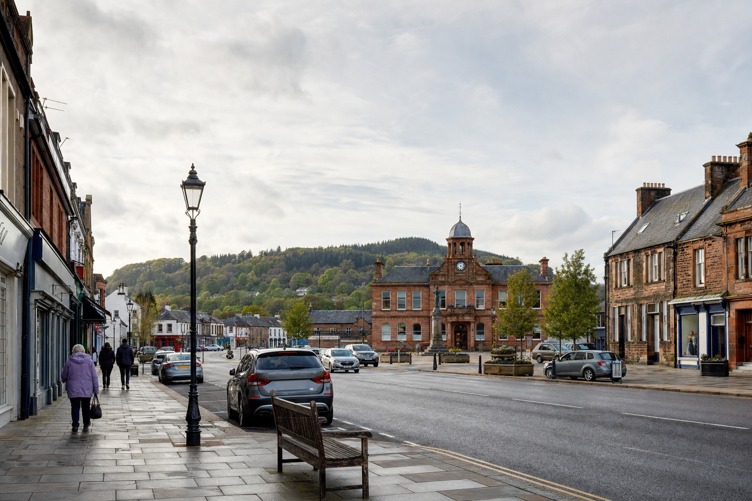 A quiet street scene with a historic red brick building, cars parked, and people walking under an overcast sky.
