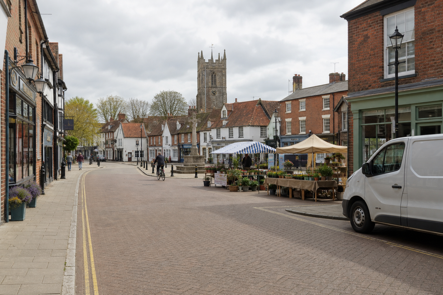 A quaint town square with people walking and cycling near market stalls and historic buildings.