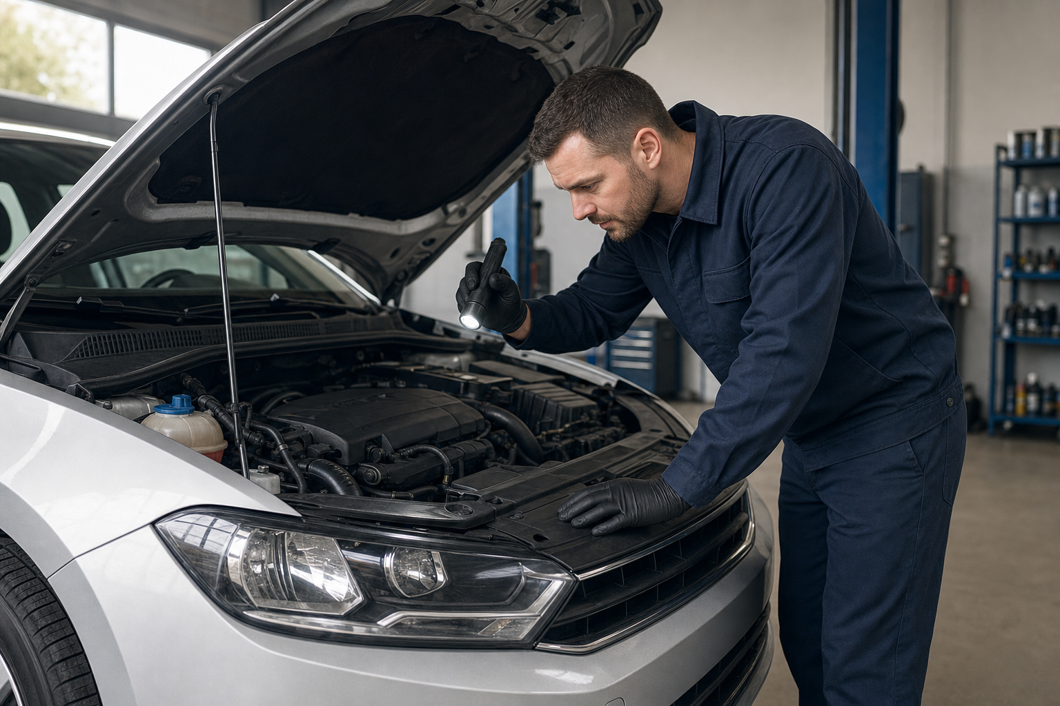 Mechanic in blue overalls inspecting a car engine with a torch in a garage.