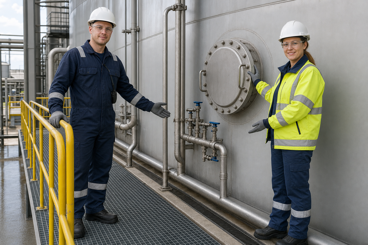 Two workers in safety gear stand beside a large industrial tank, gesturing towards a circular access hatch.