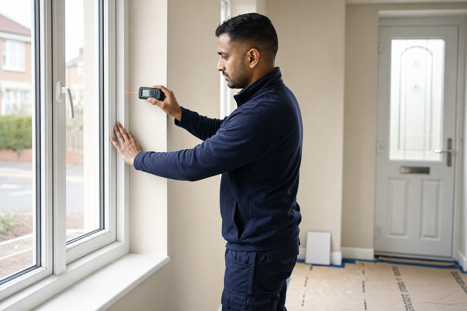 A man uses a laser distance measurer to check dimensions for a window installation.