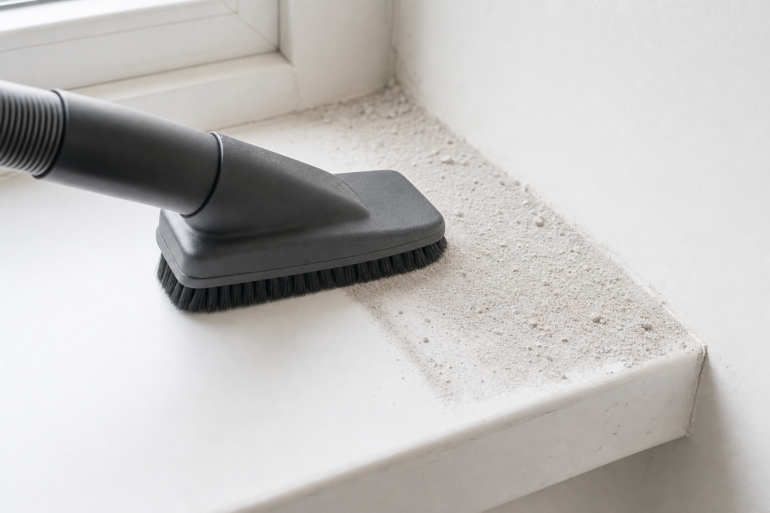 A vacuum brush attachment is cleaning dust from a windowsill.