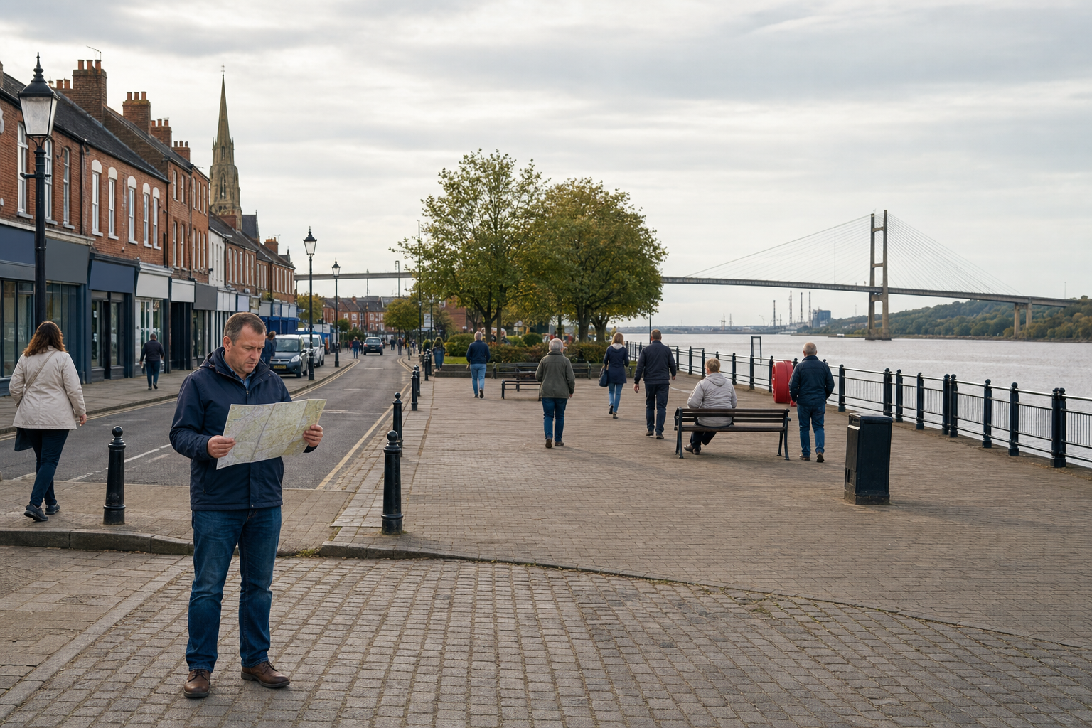 A man reads a map on a riverside promenade near a bridge, with people walking and shops lining the street.