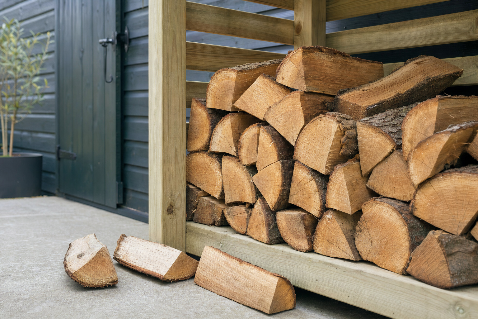 Stack of firewood neatly arranged in a wooden storage rack next to a dark shed.