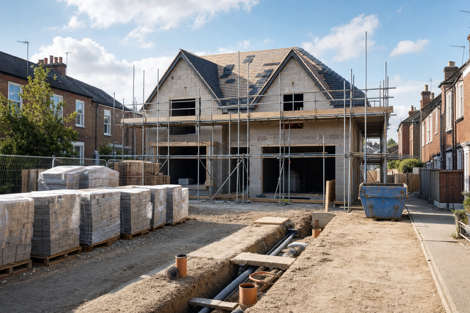 A partially constructed house with scaffolding stands in a residential area, surrounded by building materials and a skip.