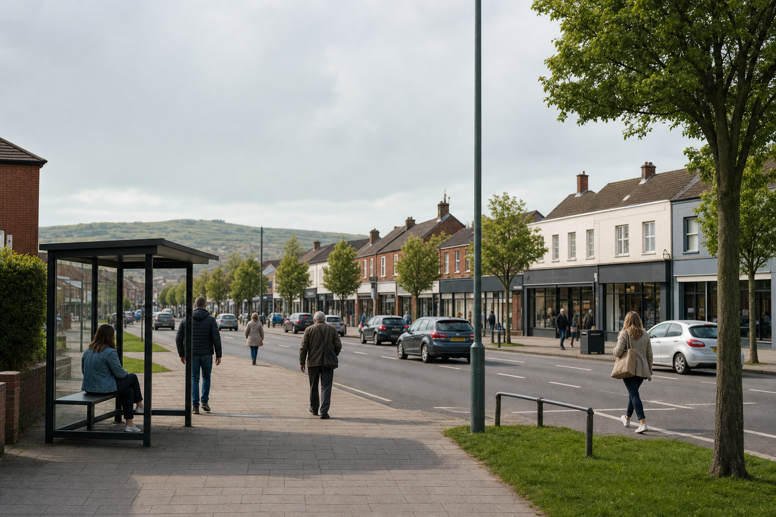 A few people walk along a tree-lined street with shops and houses under a cloudy sky, with hills in the background.