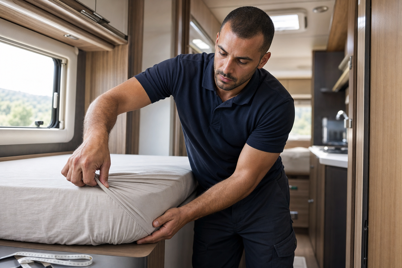 A man in a navy shirt installs a fitted sheet on a bed inside a modern caravan.