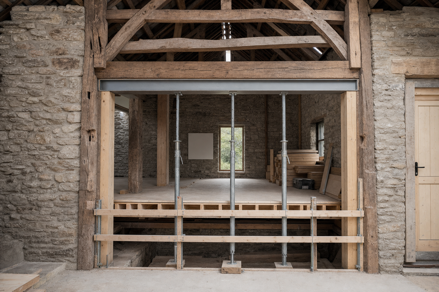 Partially renovated stone barn interior with exposed beams, wooden supports, and stacked construction materials.