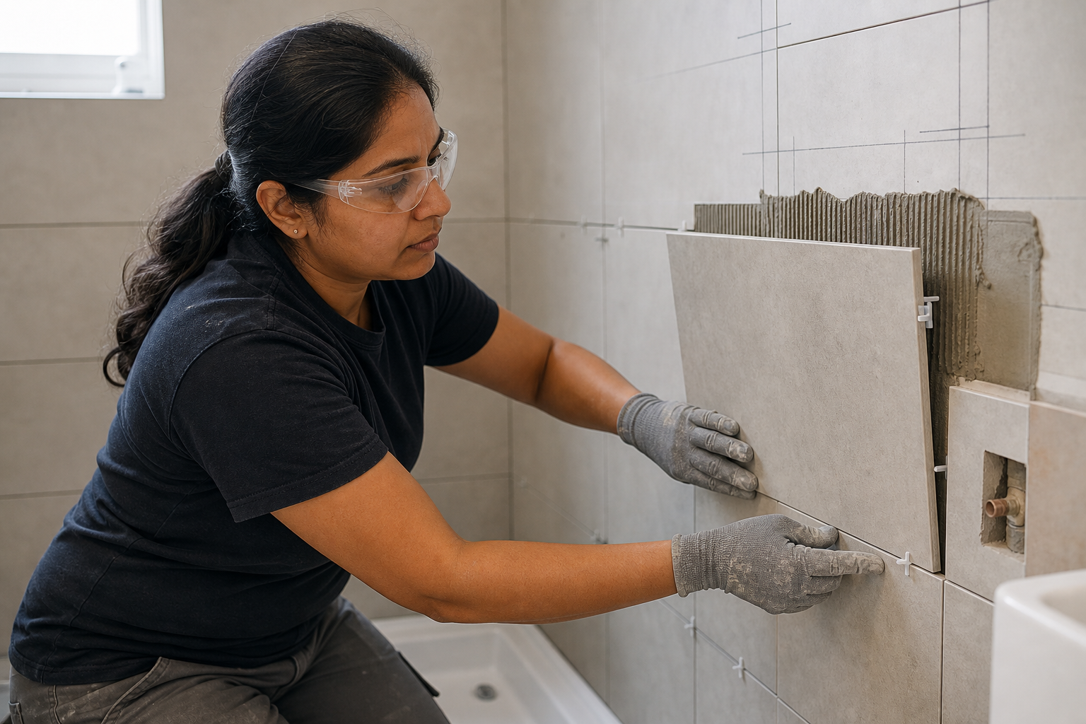 Woman in safety glasses and gloves carefully tiling a bathroom wall.