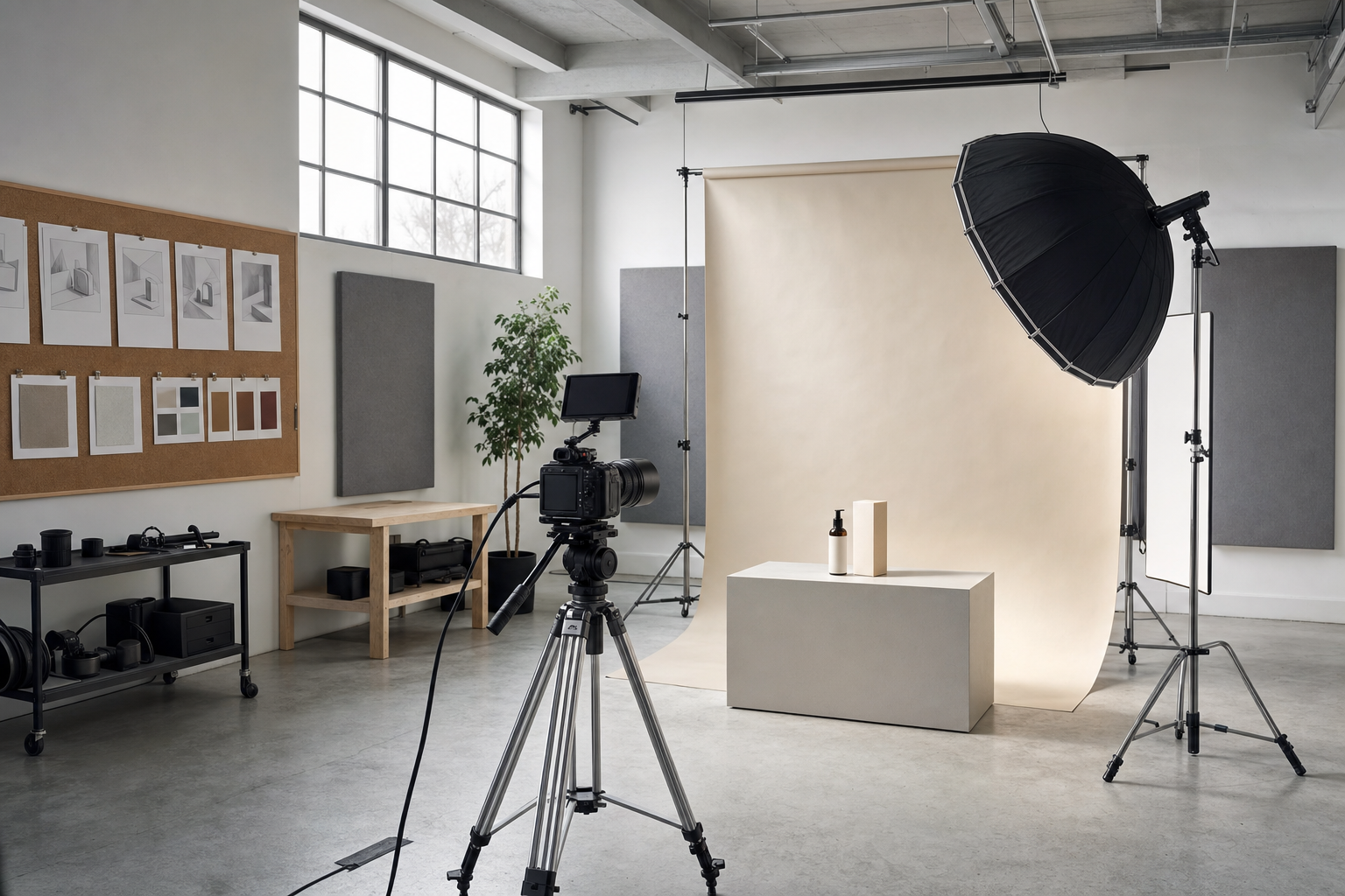 A professional photography studio setup with camera and lighting focused on a product display on a podium.