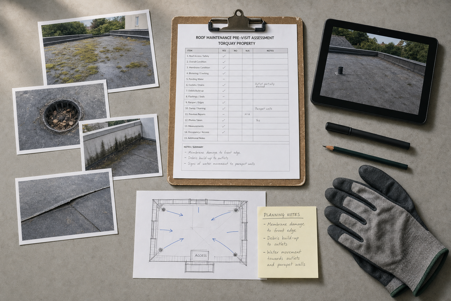 Roof maintenance assessment materials including photos, a checklist on a clipboard, a tablet and planning notes.