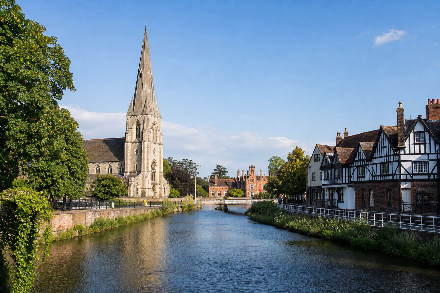 A riverside church with a tall spire, flanked by historic half-timbered buildings under a clear blue sky.