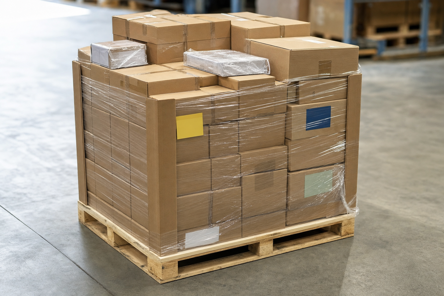 Stack of cardboard boxes wrapped in plastic film on a wooden pallet in a warehouse setting.