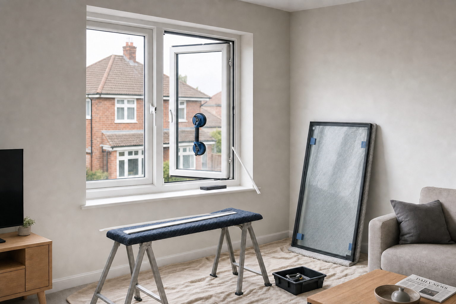 A double-glazed window being installed in a living room, with tools and a replacement pane nearby.