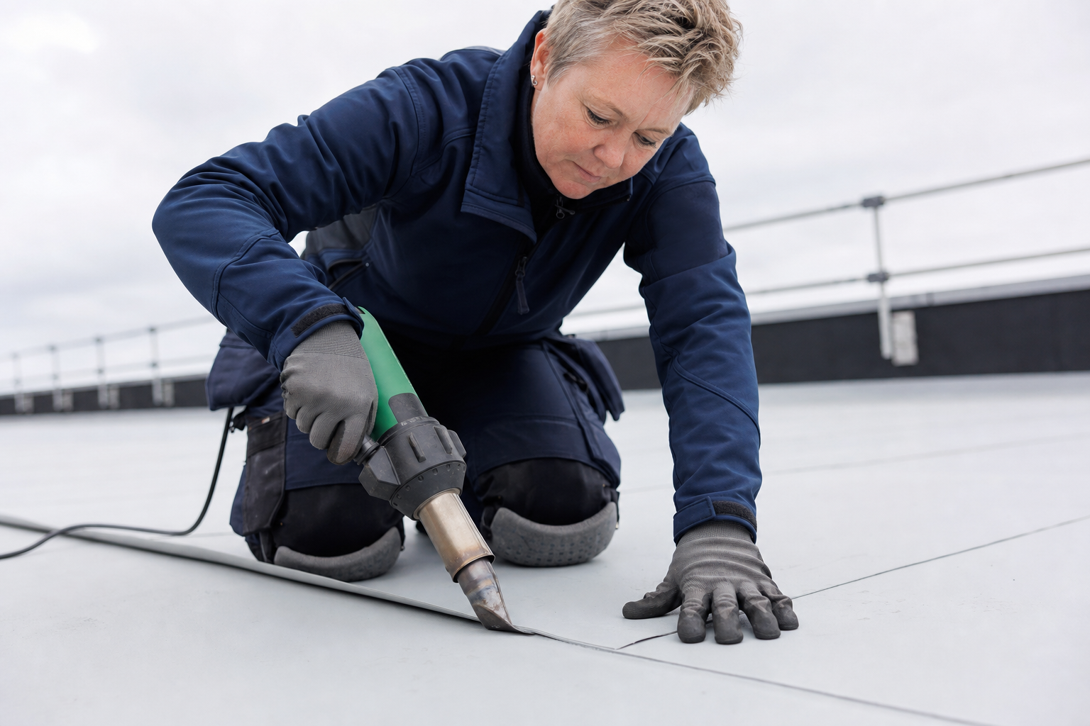 A person welds roofing material on a flat rooftop using a handheld tool, wearing protective gloves and kneepads.