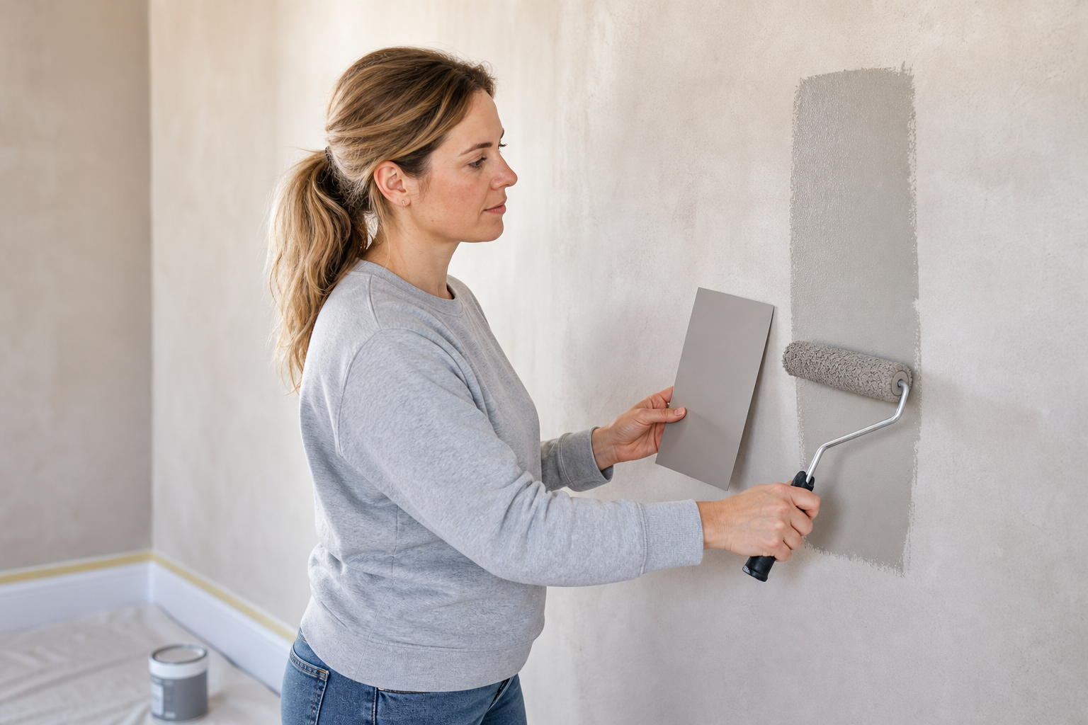 A woman paints a wall grey with a roller while holding a matching colour sample.