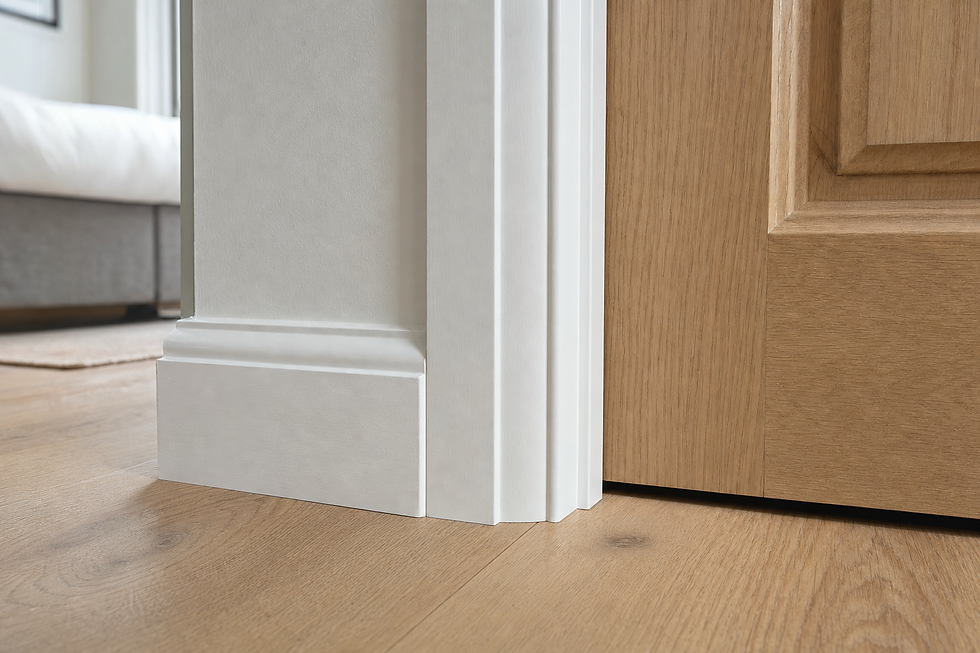 Close-up of a wooden door with a white skirting board on a light wood floor.