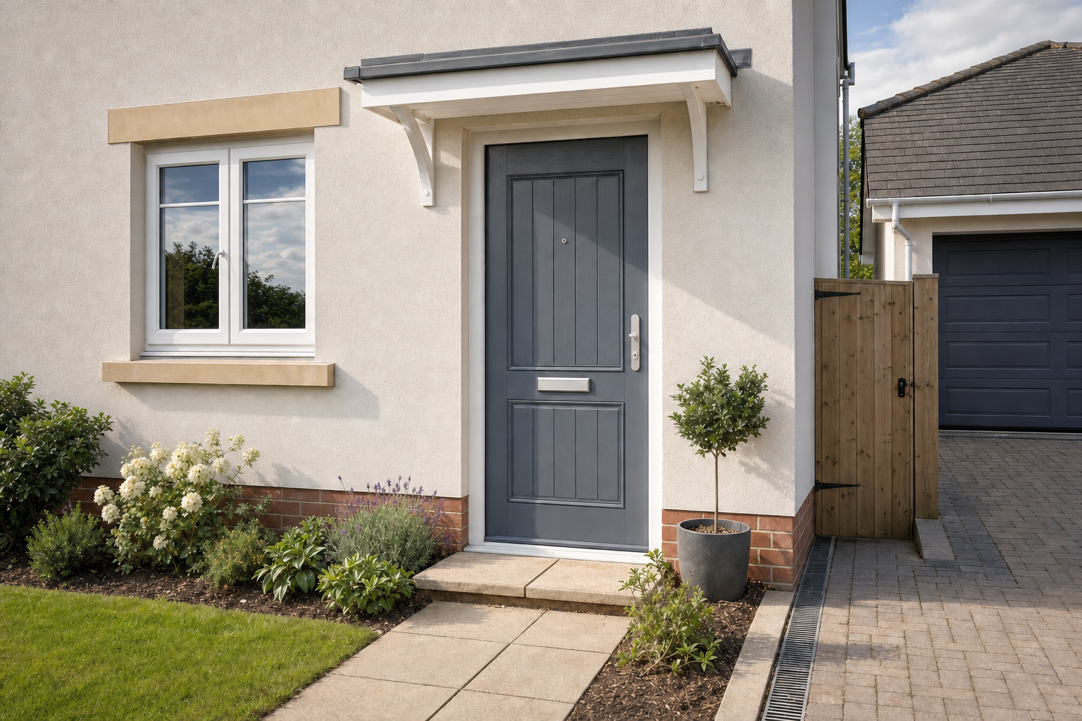 Modern house entrance with a blue door, window, and neatly landscaped garden.